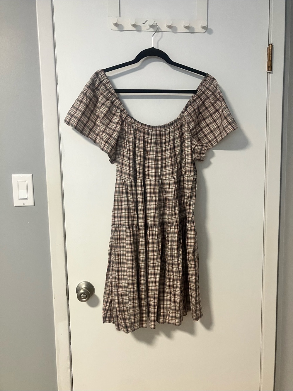 Old Navy One-Shoulder Plaid Tiered Dress in Brown and Cream